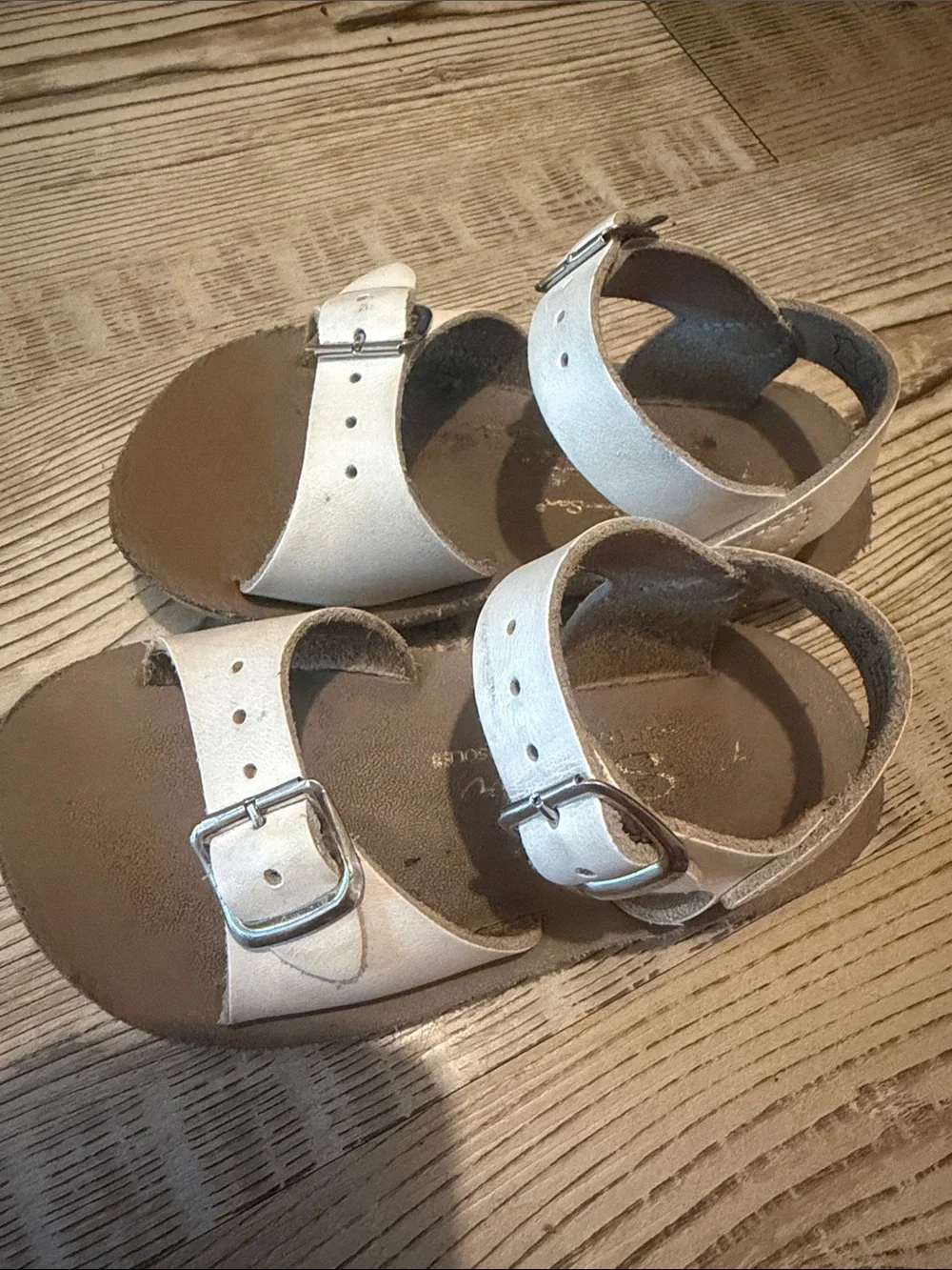 Kids SunSans White Leather Buckle Sandals